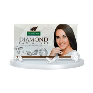 Diamond Facial Kit by Pure Roots displayed on a white podium with sparkling diamonds, featuring a woman model and the tagline “Facial For That Radiant Glow.” Skin brightening herbal facial kit packaging for glowing and radiant skin.