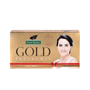 Pure Roots Gold Facial Kit packaging displayed with luxurious golden elements and glowing skincare theme, promoting radiant, bright, and smooth skin with salon-style facial treatment.